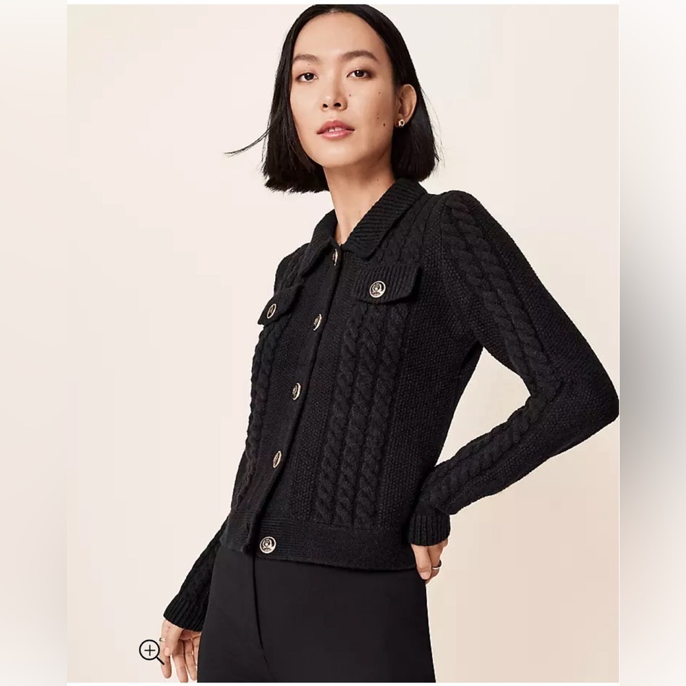ANN TAYLOR Collared Cable Knet Sweater Black Jacket Size XL